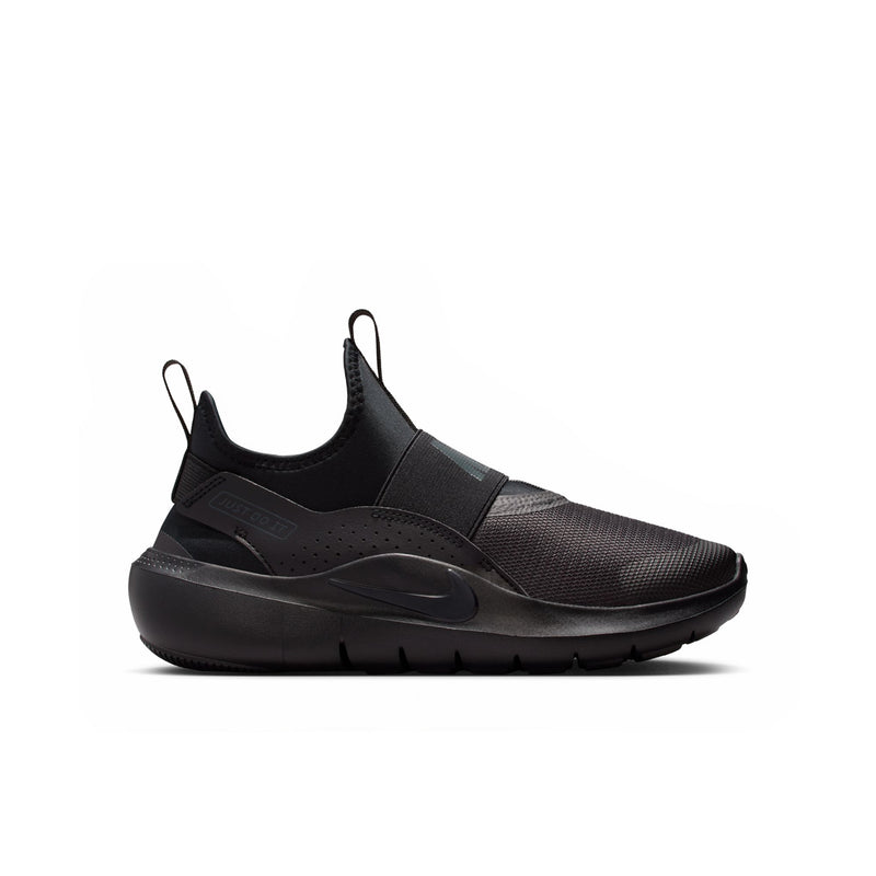 Youth black slip-on running sneaker with black strap and textured upper