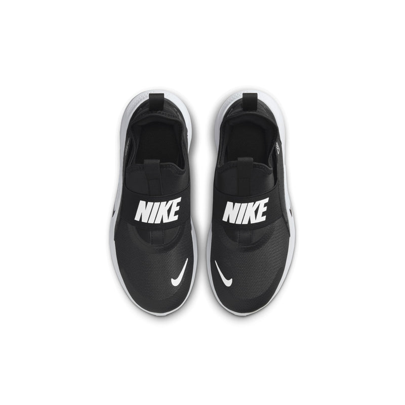 Youth black slip-on sneaker with NIKE logos on tongue and toe