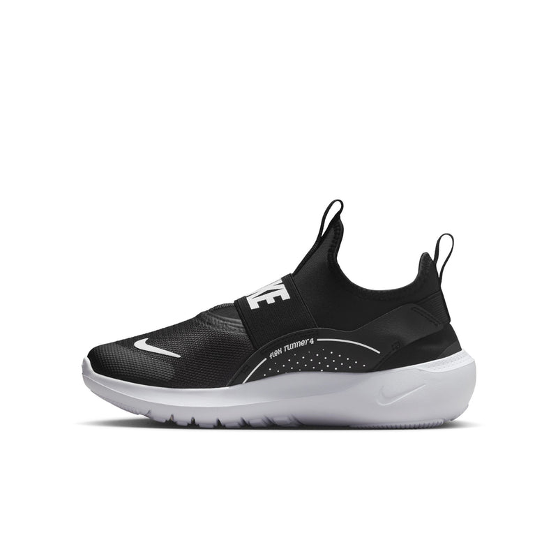 Youth black slip-on sneaker with 'RUNNER 4' branding and white midsole
