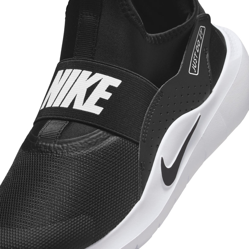 Youth black mesh slip-on with bold NIKE logo band and white swoosh