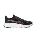 Black women's running shoe with pink side stripes and white cushioned sole