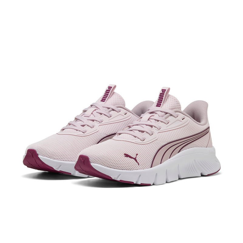 Light pink women's running sneakers, lace-up knit upper with white midsole and maroon outsole