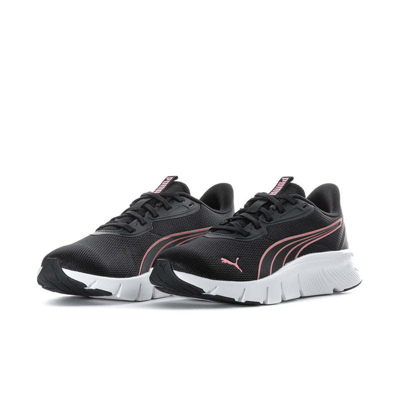 Pair of black women's running shoes with pink side stripes and white soles
