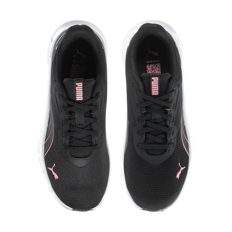 Black women's running shoes showing laces and inner tongue with PUMA logo