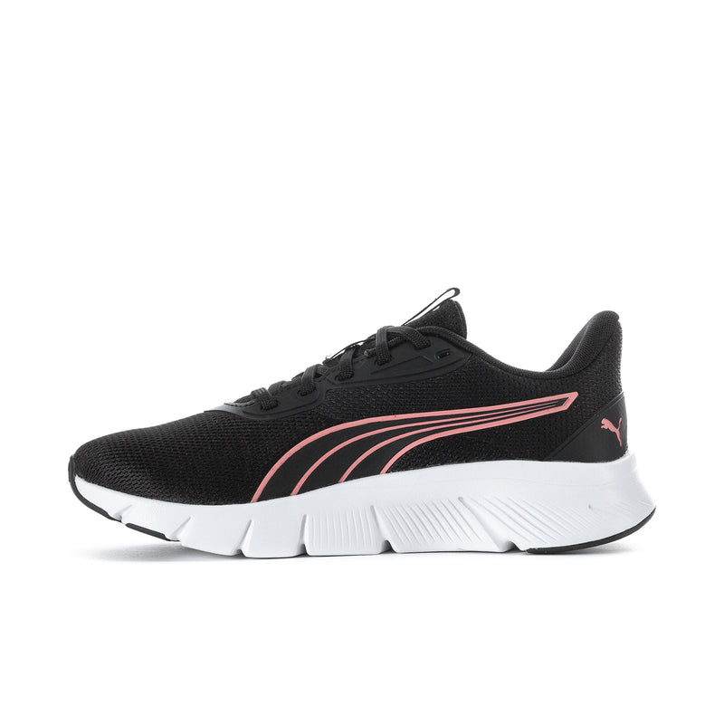 Black women's lace-up running shoe with pink stripes and white cushioned sole