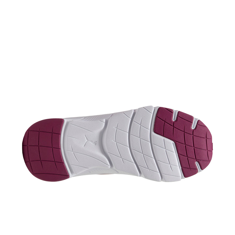 Treaded outsole of light pink women's running sneakers, white traction with maroon rubber pads