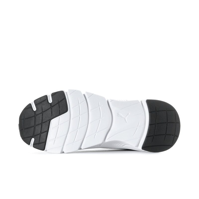 Black women's running shoe outsole with white midsole and grippy tread