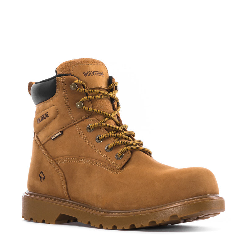 Wheat high-top lace-up work boot with black padded collar and green eyelets