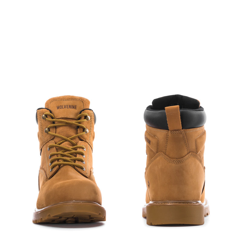 Pair of wheat lace-up work boots, front and heel views with black collar