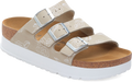 Quarter turn view Women's Birkenstock Footwear style name Florida III Flex Plat Nubuck Narrow in color Flower Oyster. Sku: 1031252