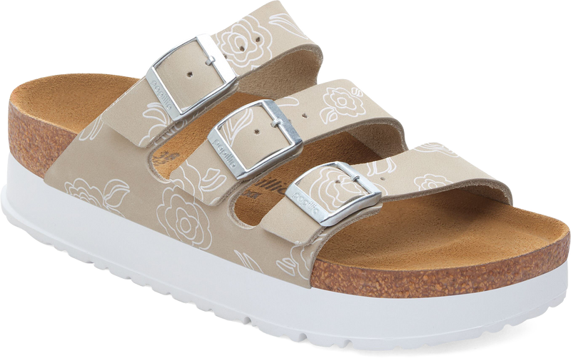 Quarter turn view Women's Birkenstock Footwear style name Florida III Flex Plat Nubuck Narrow in color Flower Oyster. Sku: 1031252