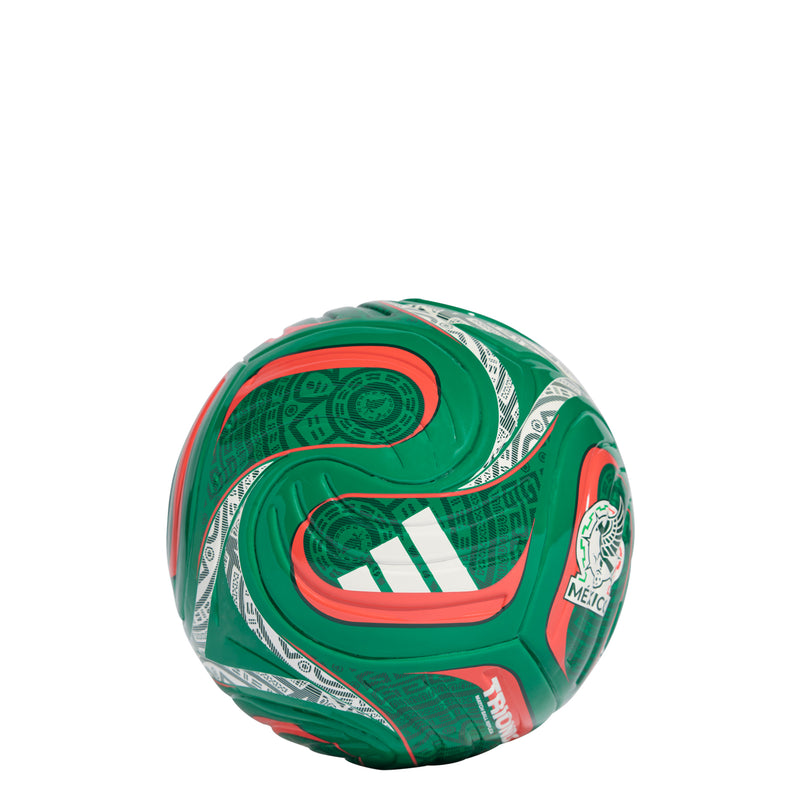 Green mini soccer ball with white swirls and orange number-like markings