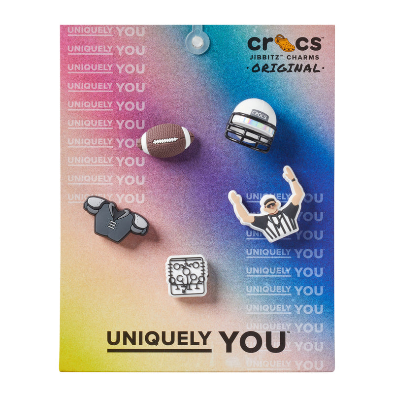 Football team 5-pack jibbitz charms: ball, helmet, referee, goalpost, jersey—on display card