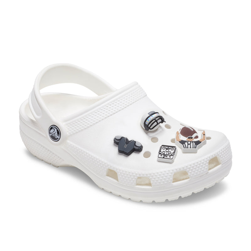 Five football team jibbitz charms on white clog: football, helmet, referee, goalpost, jersey