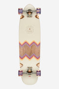 Forager Mesa 34 inch cruiserboard top view with cream deck and central wood inlay, purple translucent wheels.