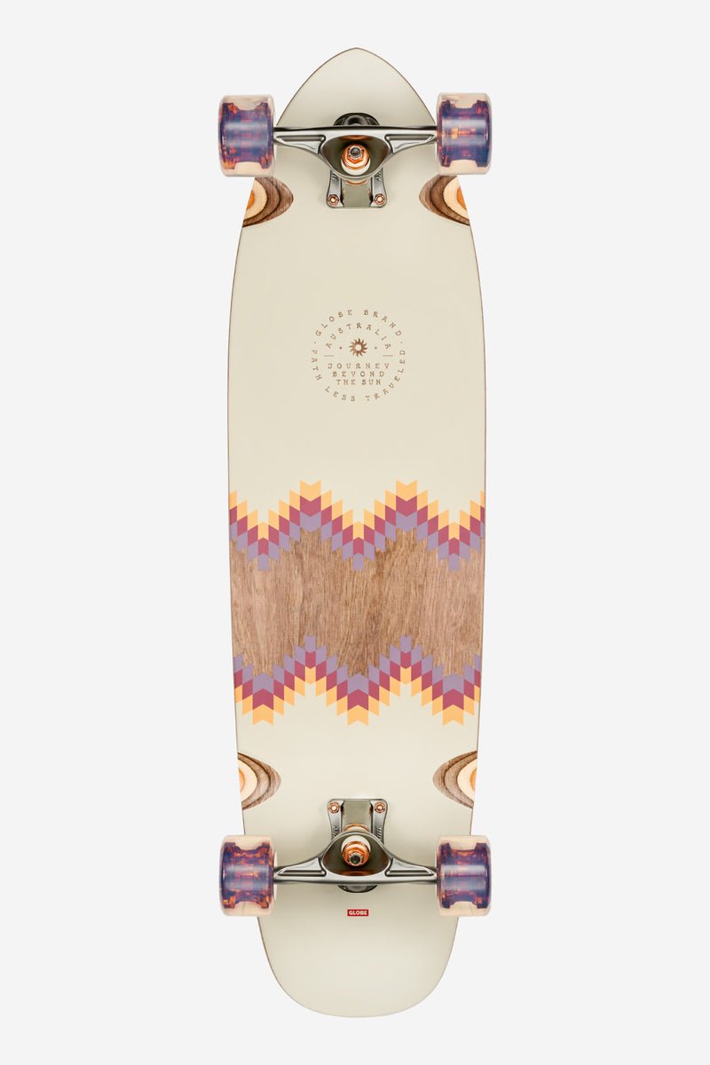 Forager Mesa 34 inch cruiserboard top view with cream deck and central wood inlay, purple translucent wheels.