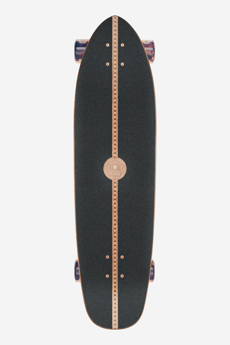 Forager Mesa top view showing dark deck with central wood inlay stripe and copper hardware.