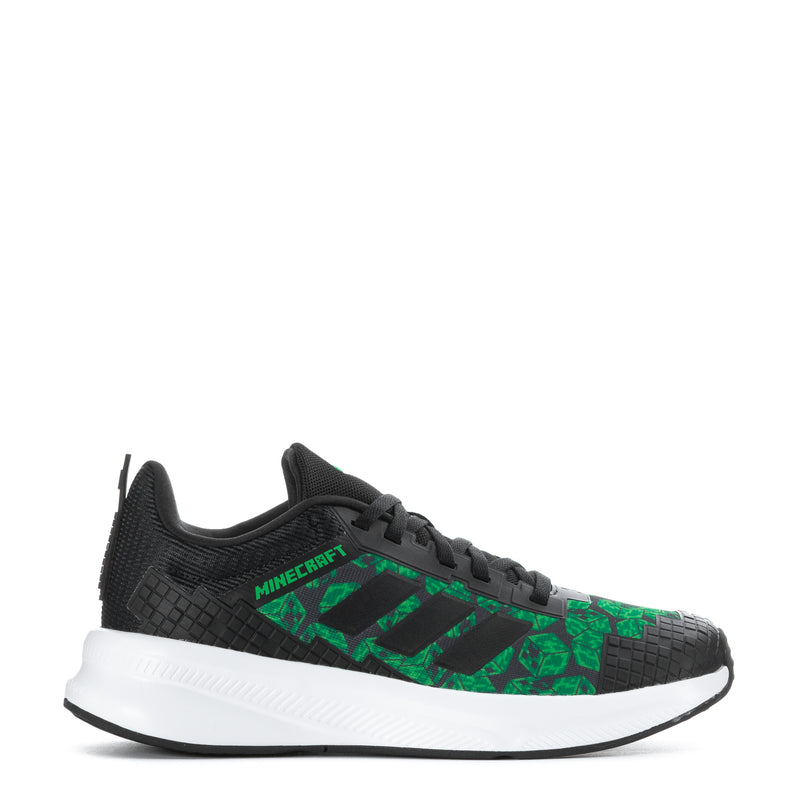 Youth sneakers, black with green Minecraft graphics and white midsole, lace-up