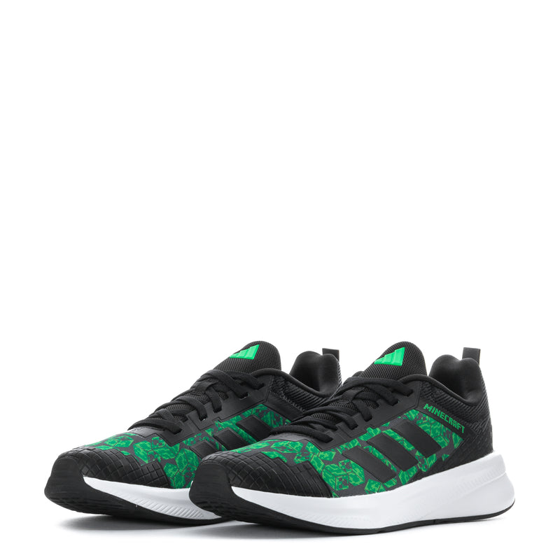 Youth sneakers front view, black and green Minecraft-style graphics, lace-up