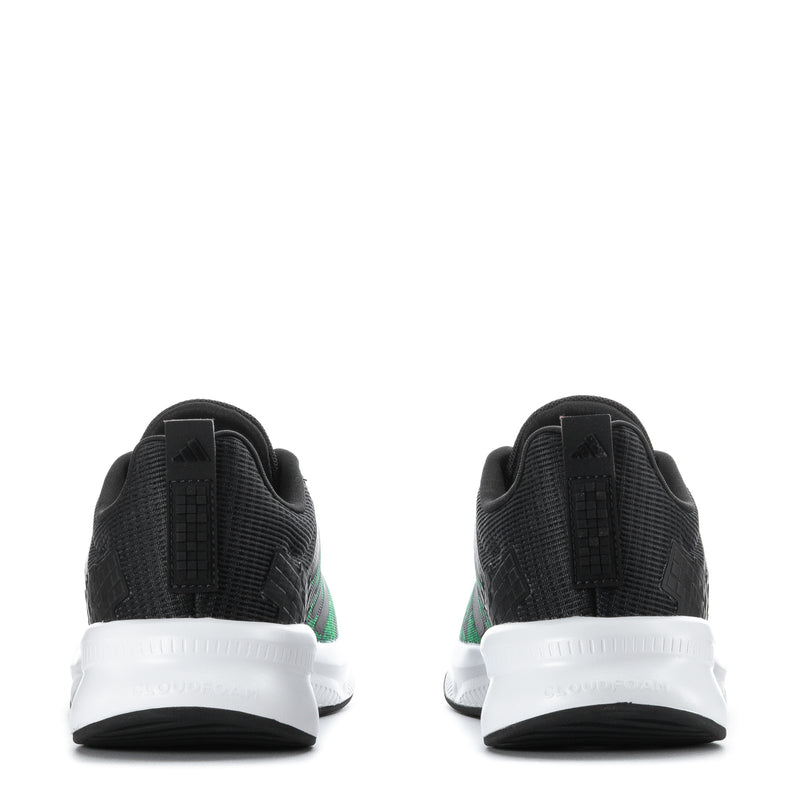 Youth sneakers heel view, black knit upper with green accents and white midsole