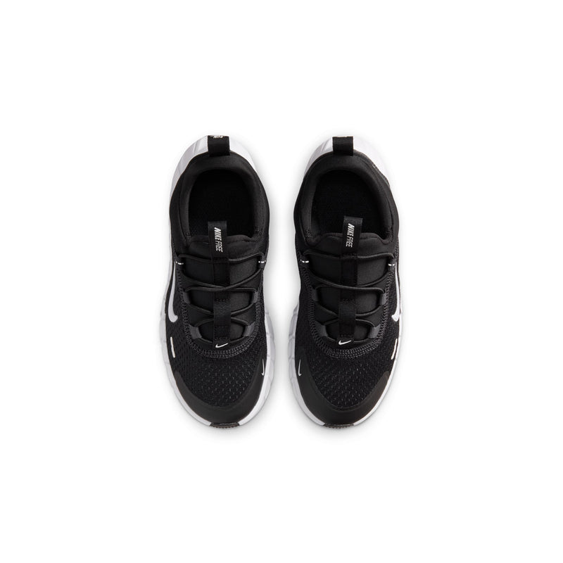 Kids' black lace-up sneakers, front and heel view with cushioned collar