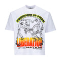 Men's white graphic T-shirt with colorful freedom-themed artwork on front