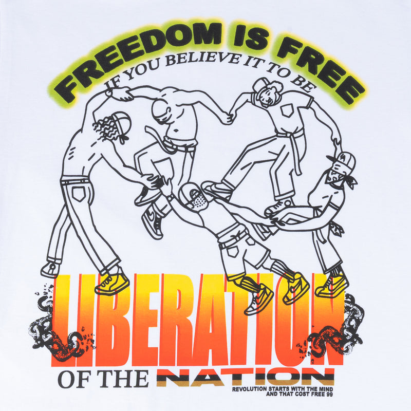 Men's white graphic T-shirt close-up of freedom-themed front print