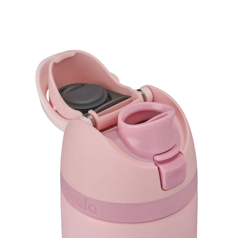 Rose quartz 24oz stainless steel bottle with open lid and integrated drinking spout