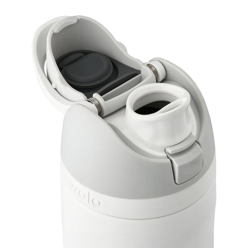 FreeSip 24 oz stainless steel bottle with open lid, inner components visible.