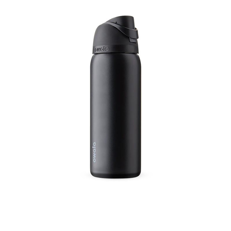 32oz stainless steel sip bottle, strap folded on top, owala logo, very dark finish
