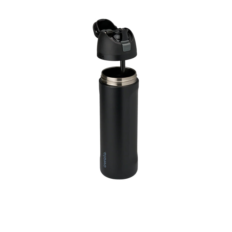 32oz stainless steel sip bottle, open flip-top spout with metal rim, very dark finish