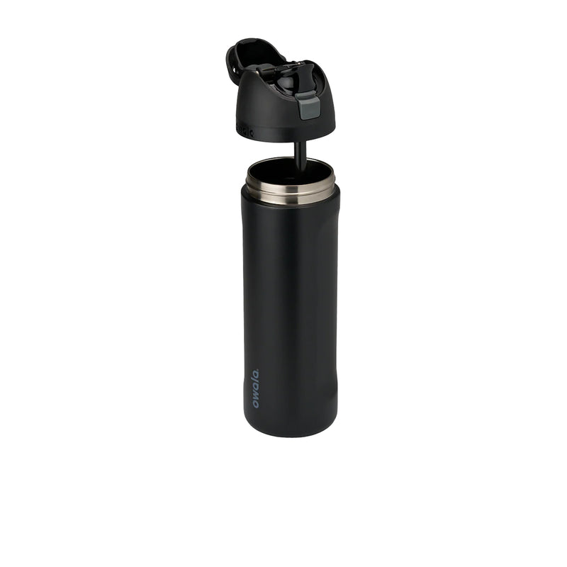 32oz stainless steel sip bottle in very dark finish, open flip-top spout, metal rim