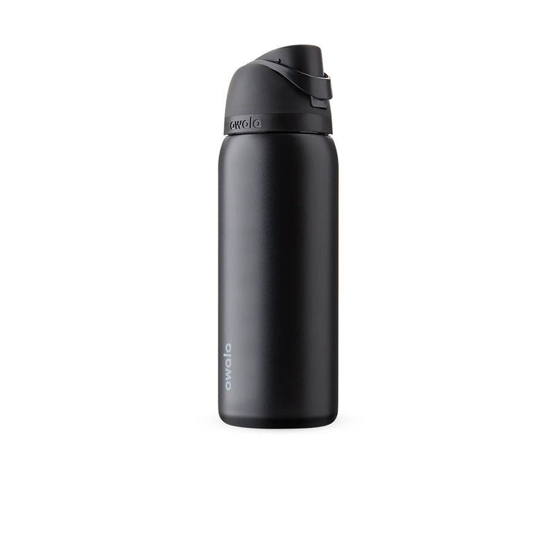 32oz stainless steel bottle with folded carry strap, owala logo, very dark finish