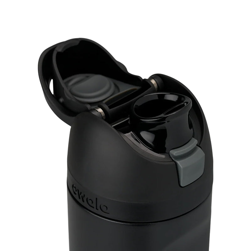 32oz stainless steel bottle top view, open flip-top with drinking spout, very dark finish
