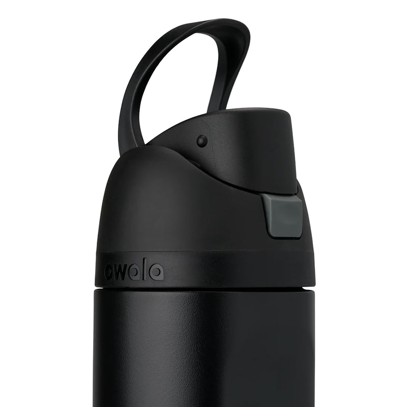 32oz stainless steel sip bottle front view with carry handle, very dark finish