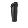 Dark stainless steel bottle with flip lid closed and vertical ovida logo.