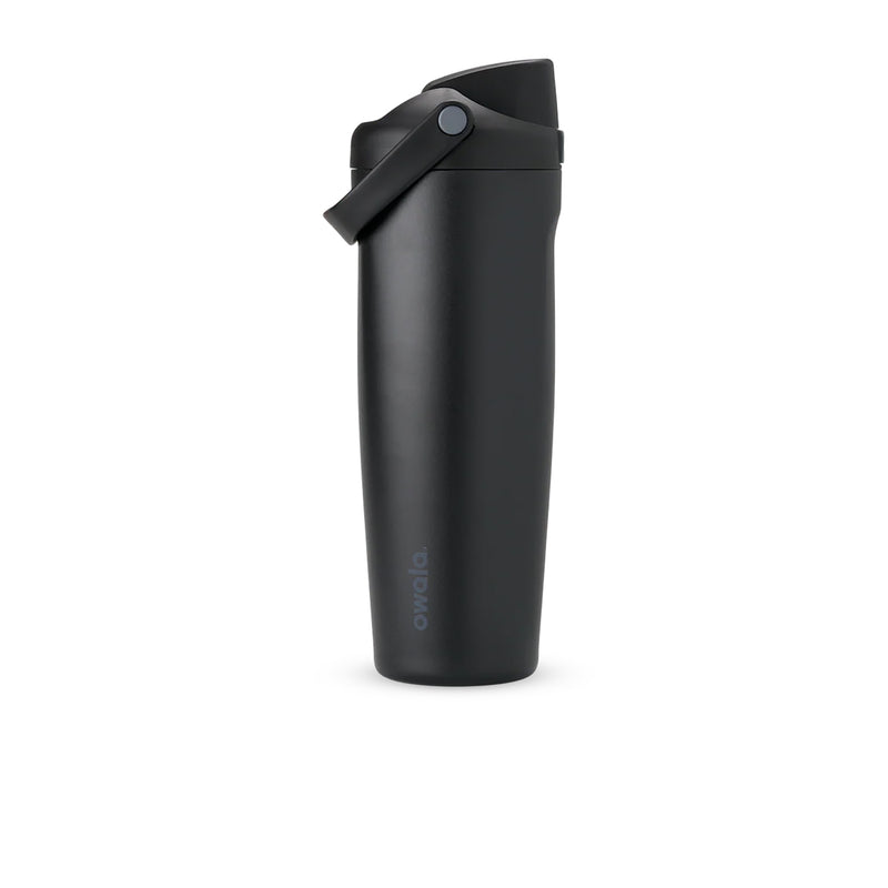 Dark stainless steel bottle with flip lid closed and vertical ovida logo.