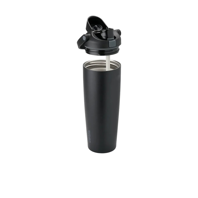 Dark stainless steel 30 oz bottle with straw dispensing from open lid.