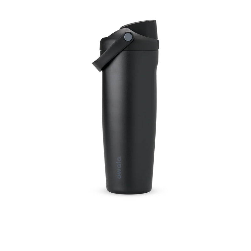 Dark stainless steel bottle side view with carry loop and closed flip lid.