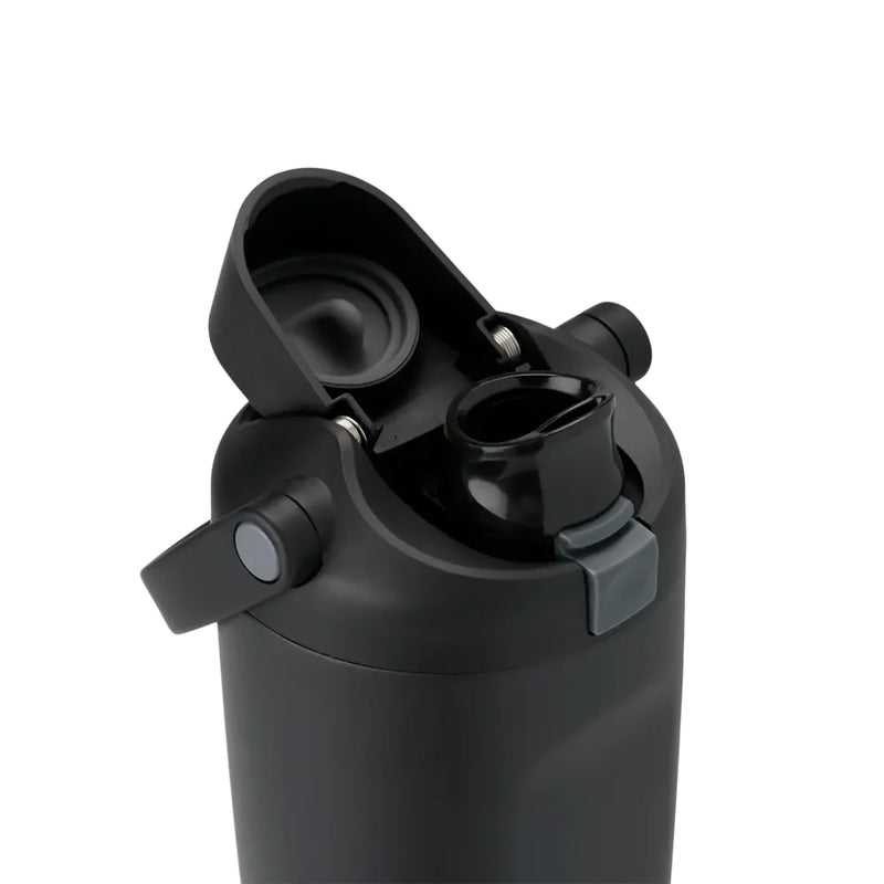 Dark stainless steel bottle lid open, featuring straw spout and protective cover.