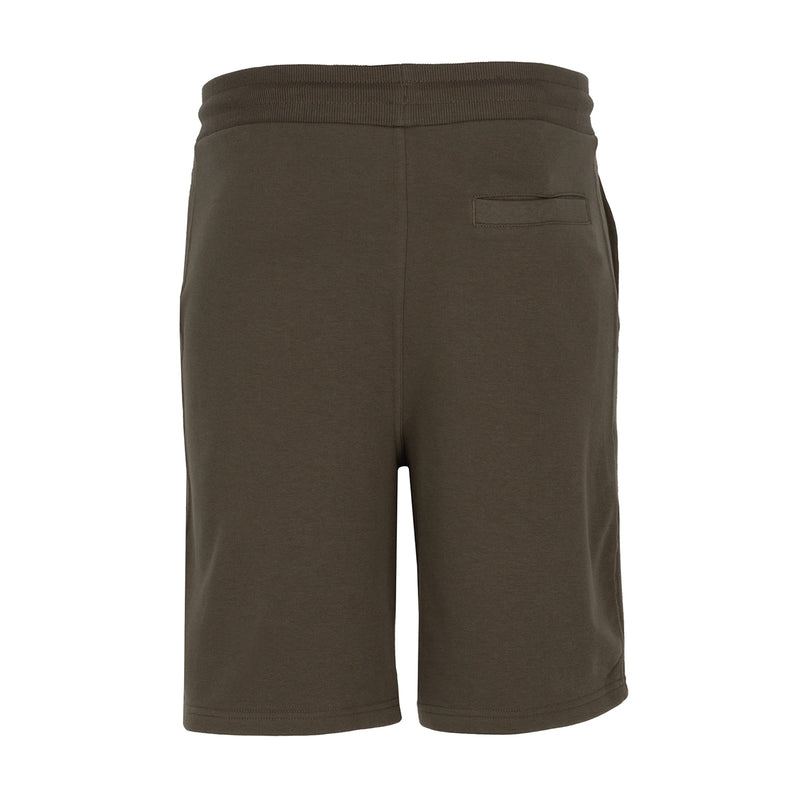 Men's olive French terry shorts with back welt pocket and elastic waist