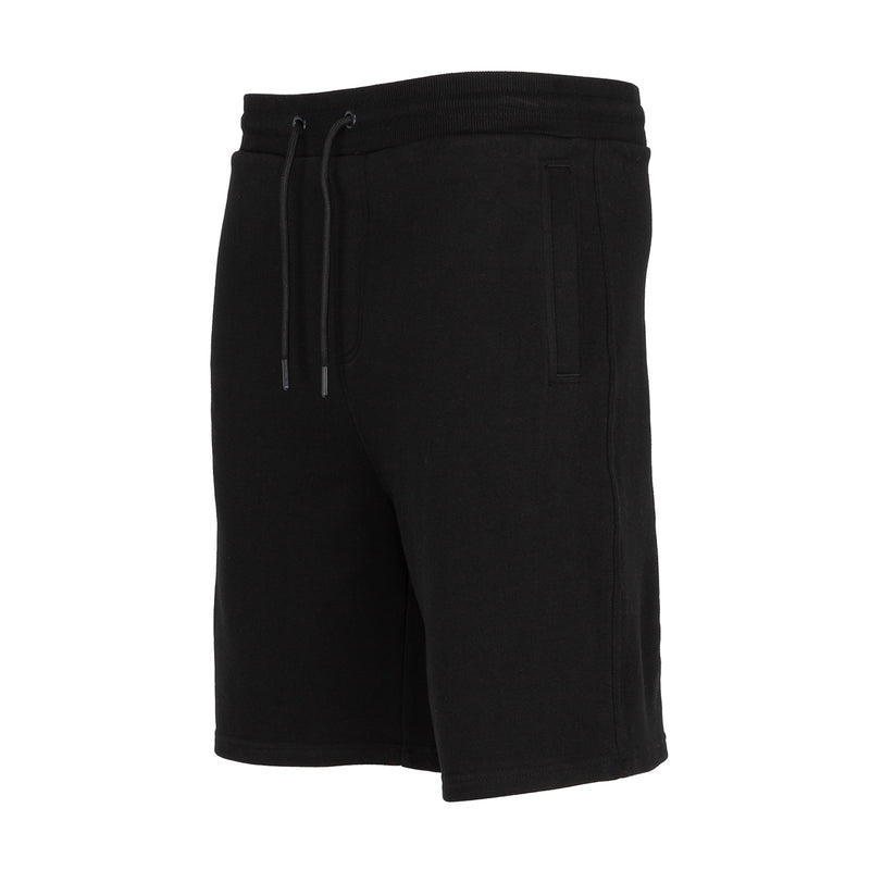 Black French terry shorts with drawstring and back patch pocket