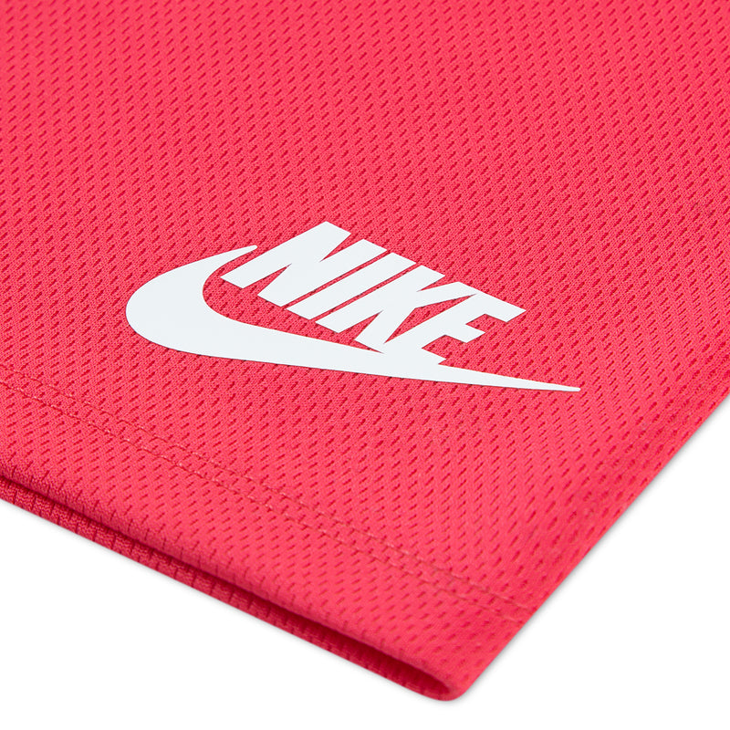 Pink/red mesh shorts with white Nike swoosh logo on textured fabric
