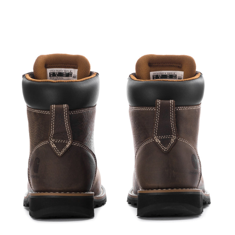 Brown 6-inch work boot back view, padded heel, stitched panels, rugged sole