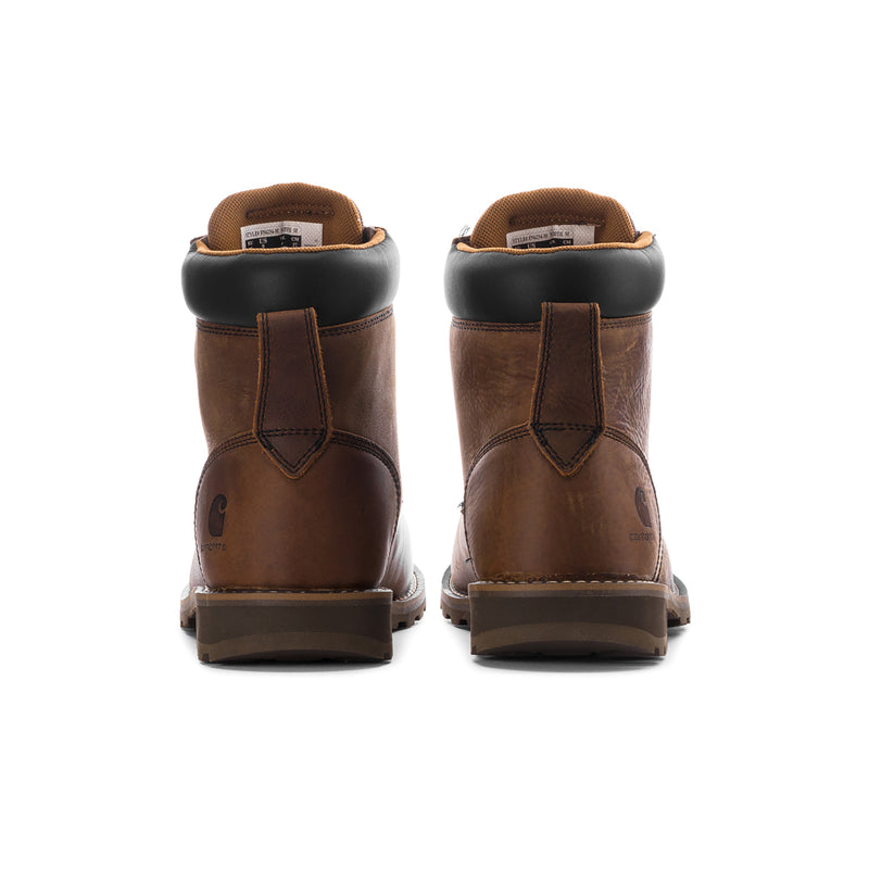 Brown 6-inch work boots, back view with heel counter and padded collar