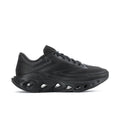 Black men's lace-up running shoe with mesh upper and sculpted, rocker-style sole