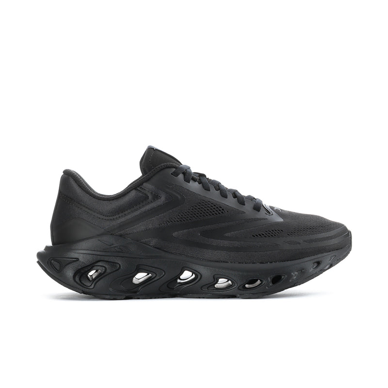 Black men's lace-up running shoe with mesh upper and sculpted, rocker-style sole