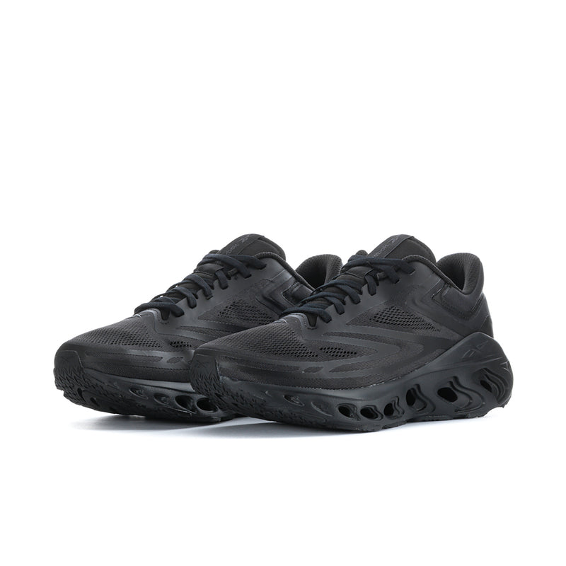 Black men's lace-up running shoes, side view, with thick cushioned outsole