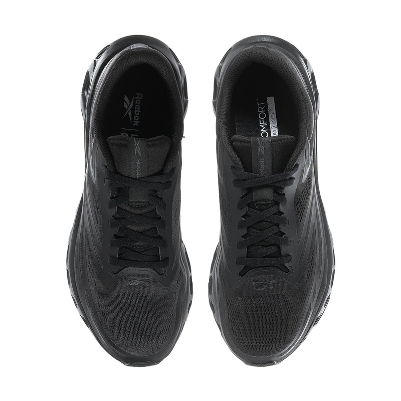 Black men's running shoes, front view, with lace-up mesh upper and padded tongue