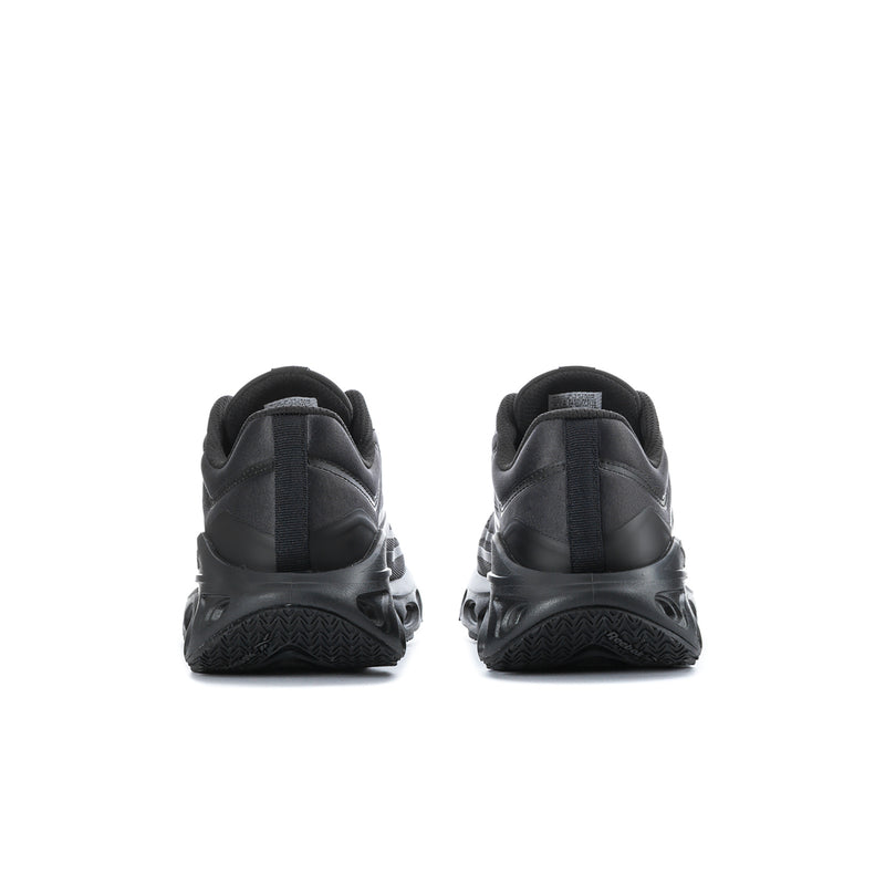 Black men's running shoes, heel view, with padded collar and supportive back